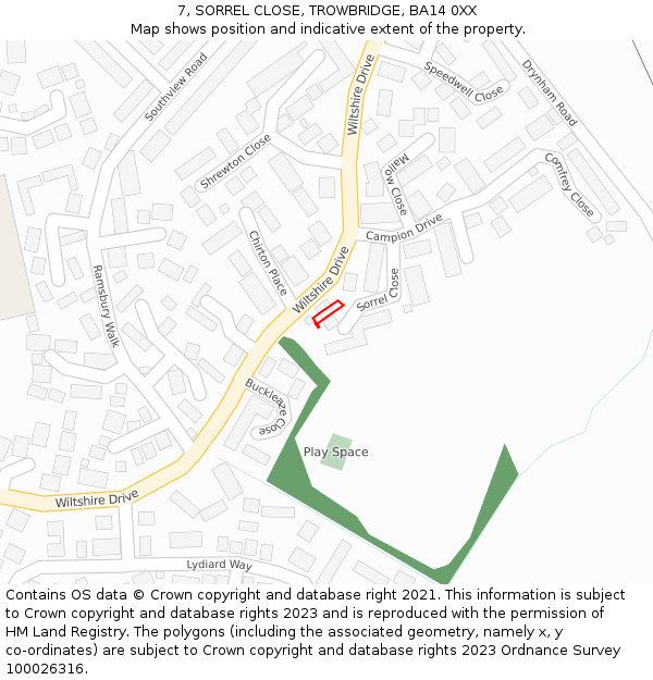 7, SORREL CLOSE, TROWBRIDGE, BA14 0XX: Location map and indicative extent of plot