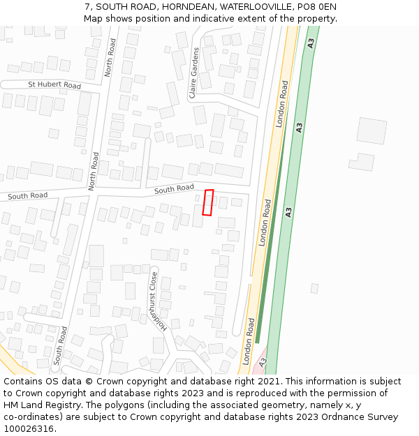 7, SOUTH ROAD, HORNDEAN, WATERLOOVILLE, PO8 0EN: Location map and indicative extent of plot