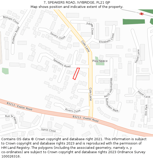 7, SPEAKERS ROAD, IVYBRIDGE, PL21 0JP: Location map and indicative extent of plot