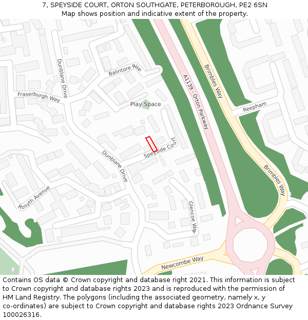7, SPEYSIDE COURT, ORTON SOUTHGATE, PETERBOROUGH, PE2 6SN: Location map and indicative extent of plot