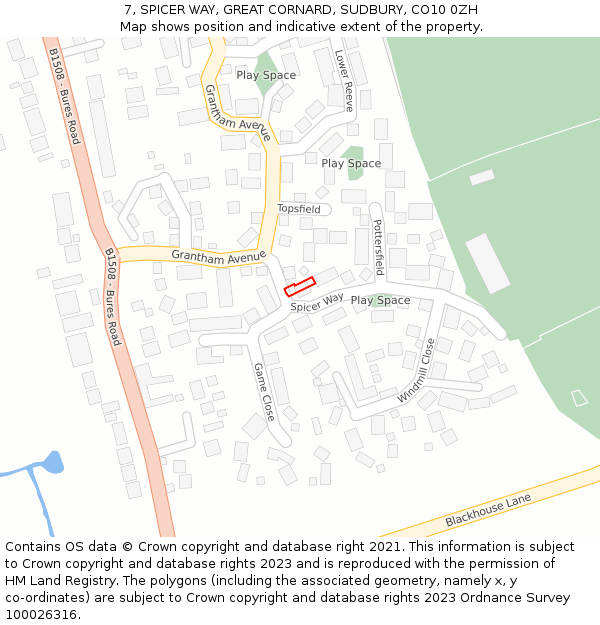 7, SPICER WAY, GREAT CORNARD, SUDBURY, CO10 0ZH: Location map and indicative extent of plot