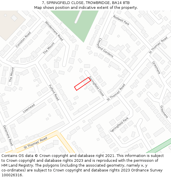 7, SPRINGFIELD CLOSE, TROWBRIDGE, BA14 8TB: Location map and indicative extent of plot