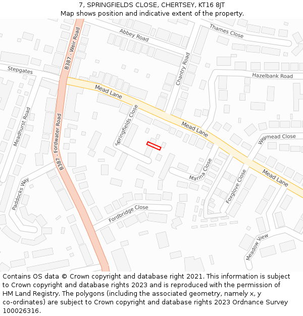 7, SPRINGFIELDS CLOSE, CHERTSEY, KT16 8JT: Location map and indicative extent of plot