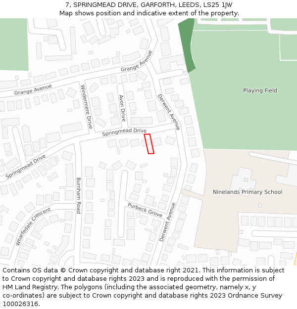 7, SPRINGMEAD DRIVE, GARFORTH, LEEDS, LS25 1JW: Location map and indicative extent of plot