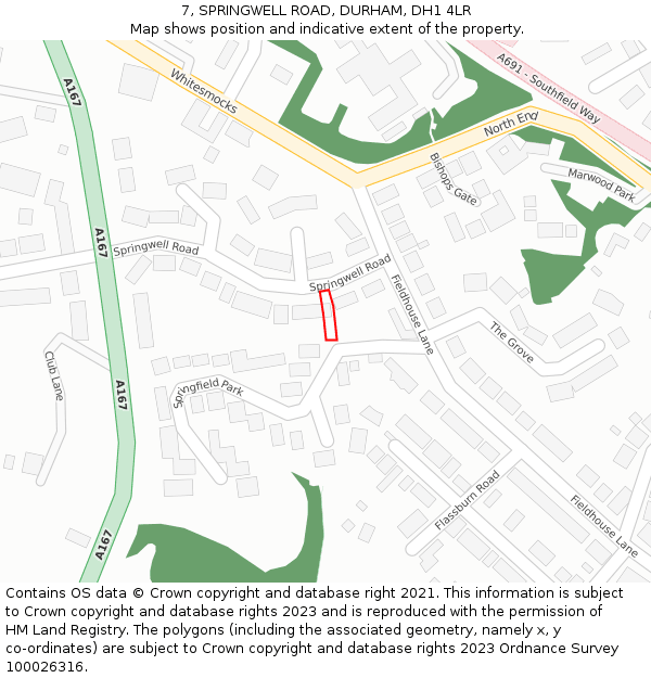 7, SPRINGWELL ROAD, DURHAM, DH1 4LR: Location map and indicative extent of plot