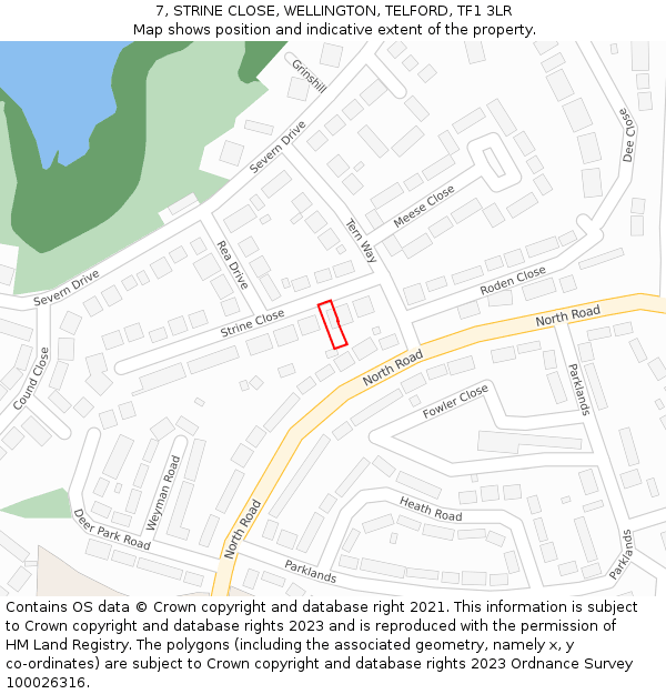 7, STRINE CLOSE, WELLINGTON, TELFORD, TF1 3LR: Location map and indicative extent of plot