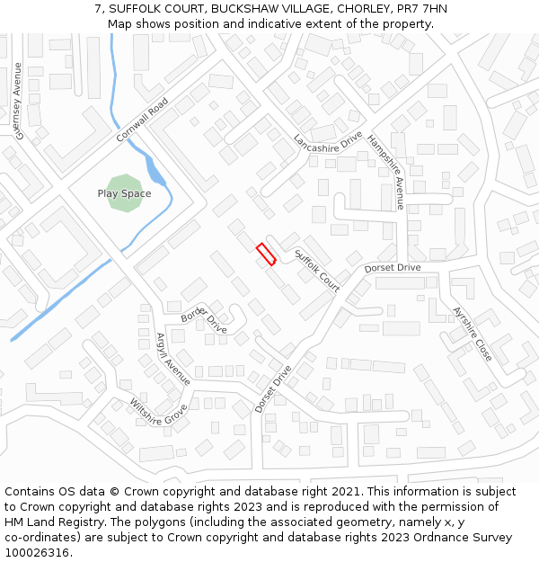 7, SUFFOLK COURT, BUCKSHAW VILLAGE, CHORLEY, PR7 7HN: Location map and indicative extent of plot