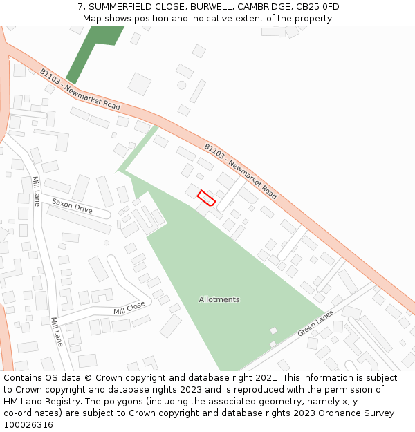 7, SUMMERFIELD CLOSE, BURWELL, CAMBRIDGE, CB25 0FD: Location map and indicative extent of plot