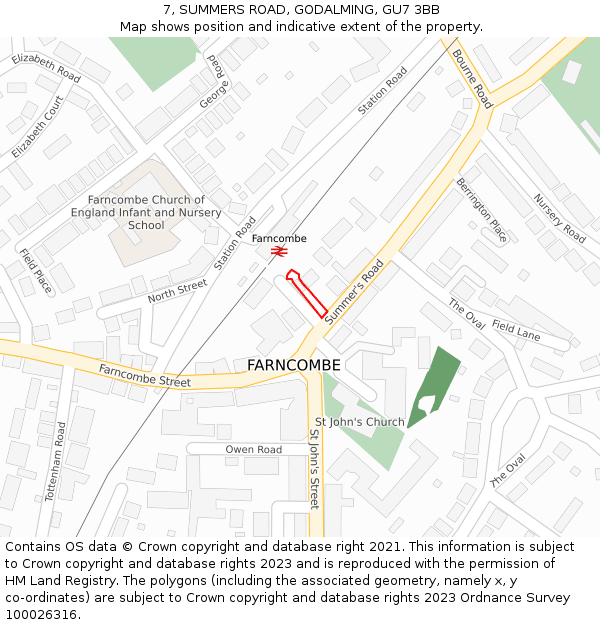 7, SUMMERS ROAD, GODALMING, GU7 3BB: Location map and indicative extent of plot