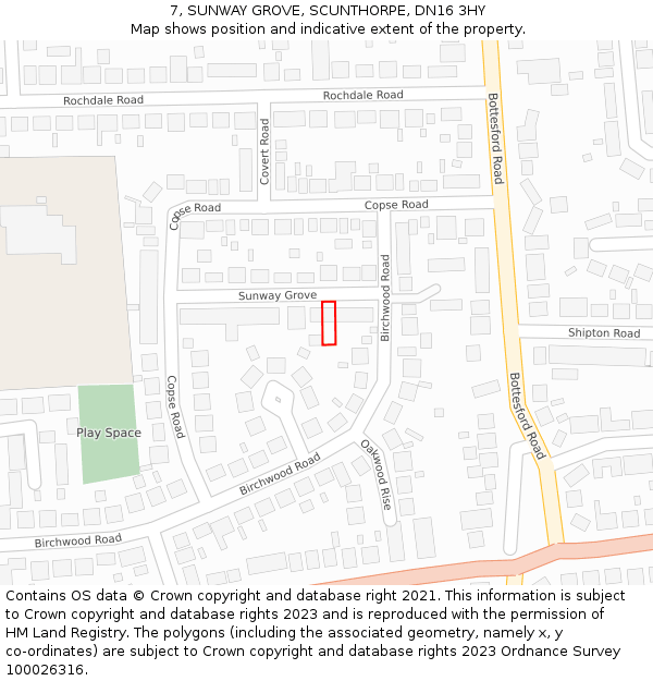 7, SUNWAY GROVE, SCUNTHORPE, DN16 3HY: Location map and indicative extent of plot