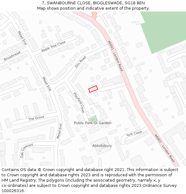 7, SWANBOURNE CLOSE, BIGGLESWADE, SG18 8EN: Location map and indicative extent of plot