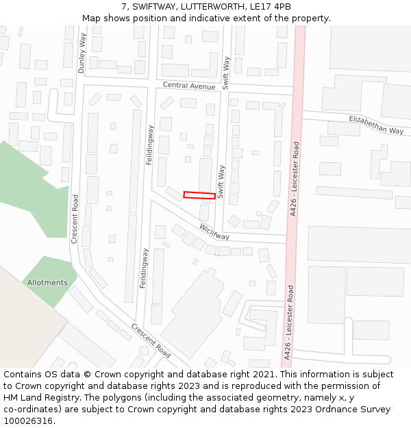 7, SWIFTWAY, LUTTERWORTH, LE17 4PB: Location map and indicative extent of plot