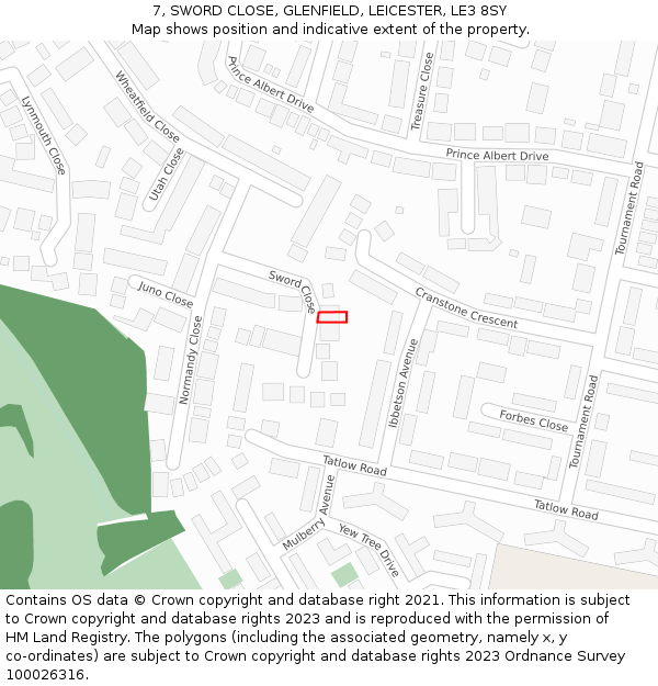 7, SWORD CLOSE, GLENFIELD, LEICESTER, LE3 8SY: Location map and indicative extent of plot