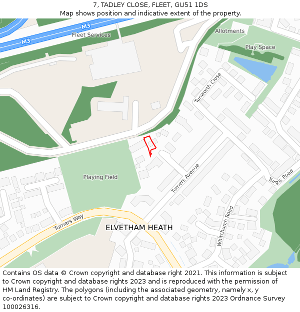 7, TADLEY CLOSE, FLEET, GU51 1DS: Location map and indicative extent of plot