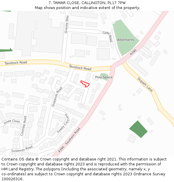 7, TAMAR CLOSE, CALLINGTON, PL17 7PW: Location map and indicative extent of plot