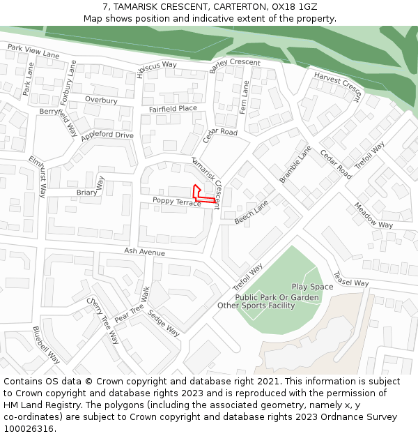 7, TAMARISK CRESCENT, CARTERTON, OX18 1GZ: Location map and indicative extent of plot