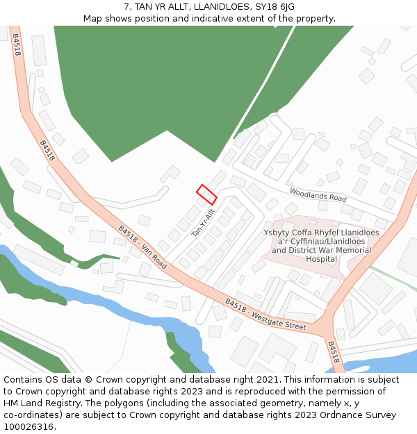 7, TAN YR ALLT, LLANIDLOES, SY18 6JG: Location map and indicative extent of plot