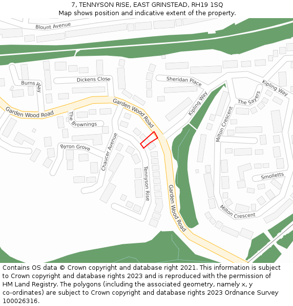 7, TENNYSON RISE, EAST GRINSTEAD, RH19 1SQ: Location map and indicative extent of plot