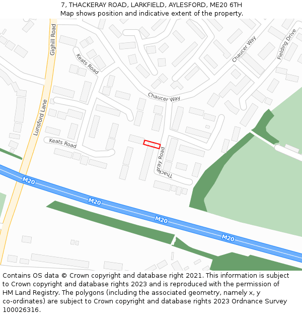 7, THACKERAY ROAD, LARKFIELD, AYLESFORD, ME20 6TH: Location map and indicative extent of plot