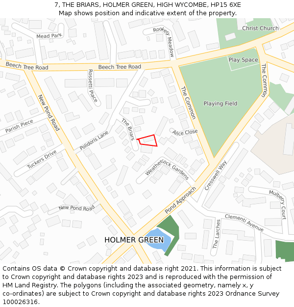 7, THE BRIARS, HOLMER GREEN, HIGH WYCOMBE, HP15 6XE: Location map and indicative extent of plot