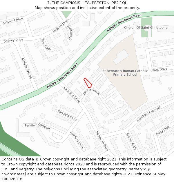 7, THE CAMPIONS, LEA, PRESTON, PR2 1QL: Location map and indicative extent of plot