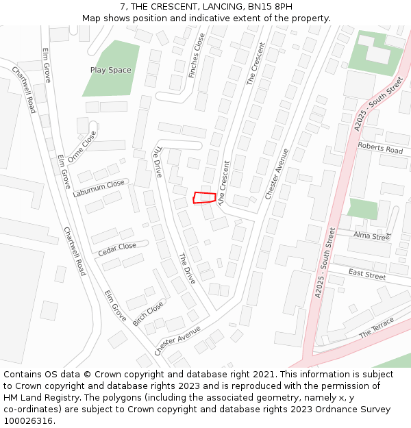 7, THE CRESCENT, LANCING, BN15 8PH: Location map and indicative extent of plot
