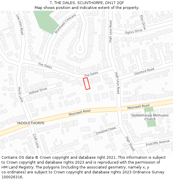 7, THE DALES, SCUNTHORPE, DN17 2QF: Location map and indicative extent of plot