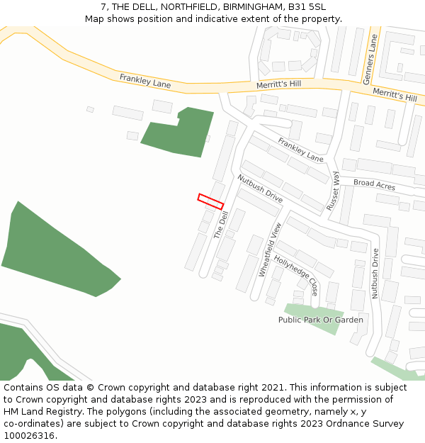 7, THE DELL, NORTHFIELD, BIRMINGHAM, B31 5SL: Location map and indicative extent of plot