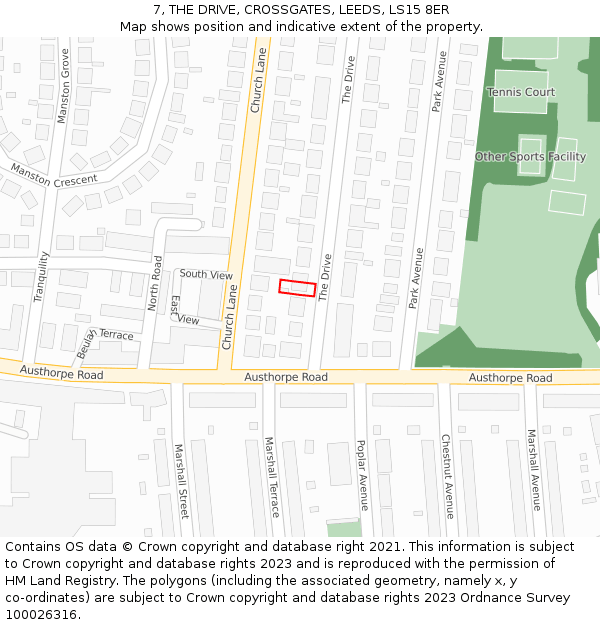 7, THE DRIVE, CROSSGATES, LEEDS, LS15 8ER: Location map and indicative extent of plot