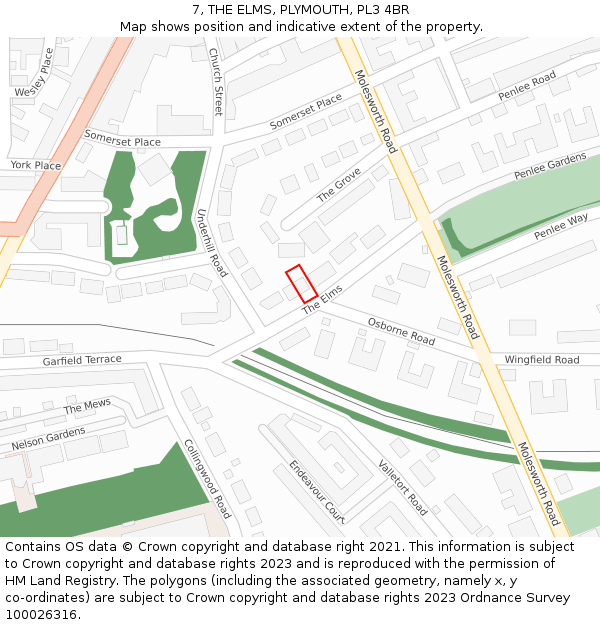 7, THE ELMS, PLYMOUTH, PL3 4BR: Location map and indicative extent of plot