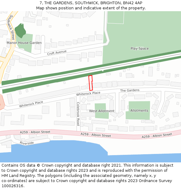 7, THE GARDENS, SOUTHWICK, BRIGHTON, BN42 4AP: Location map and indicative extent of plot