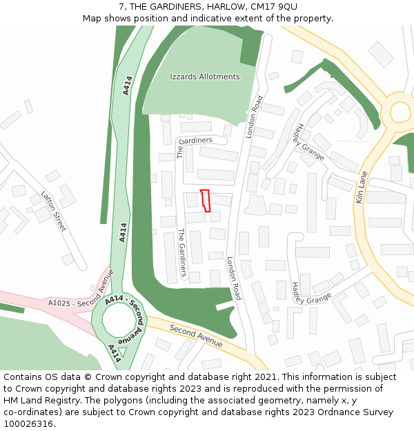 7, THE GARDINERS, HARLOW, CM17 9QU: Location map and indicative extent of plot