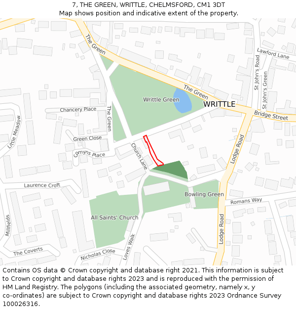 7, THE GREEN, WRITTLE, CHELMSFORD, CM1 3DT: Location map and indicative extent of plot