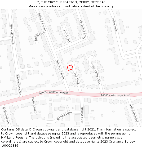7, THE GROVE, BREASTON, DERBY, DE72 3AE: Location map and indicative extent of plot