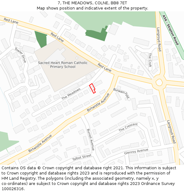 7, THE MEADOWS, COLNE, BB8 7ET: Location map and indicative extent of plot