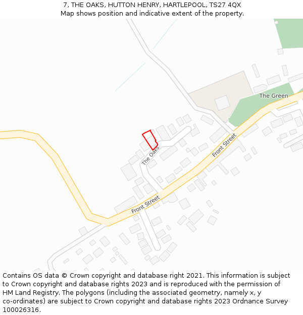 7, THE OAKS, HUTTON HENRY, HARTLEPOOL, TS27 4QX: Location map and indicative extent of plot