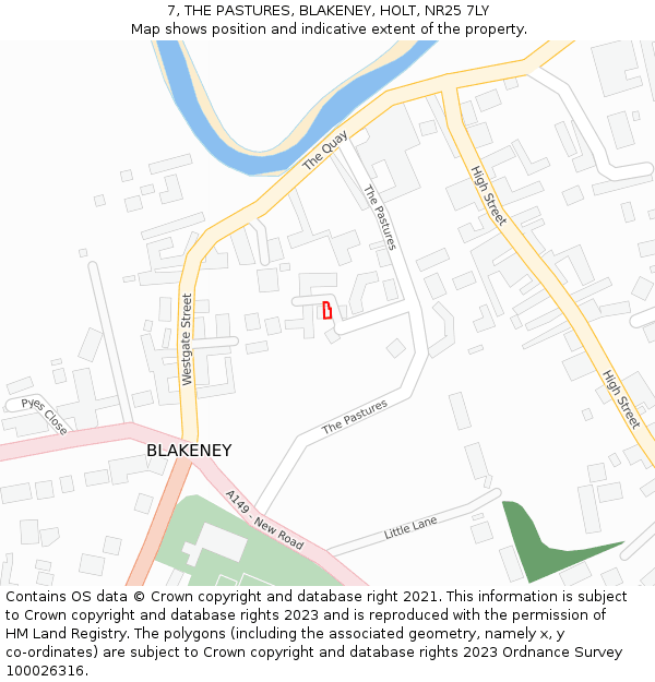 7, THE PASTURES, BLAKENEY, HOLT, NR25 7LY: Location map and indicative extent of plot