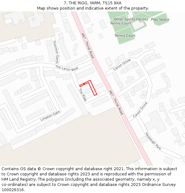7, THE RIGG, YARM, TS15 9XA: Location map and indicative extent of plot