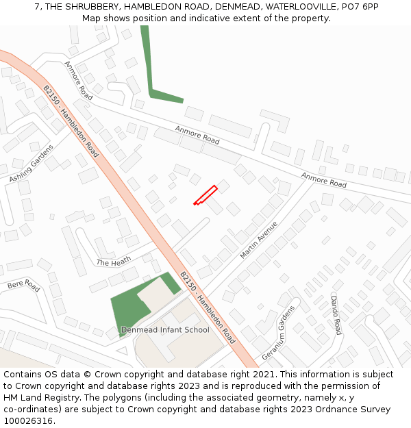 7, THE SHRUBBERY, HAMBLEDON ROAD, DENMEAD, WATERLOOVILLE, PO7 6PP: Location map and indicative extent of plot