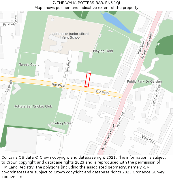 7, THE WALK, POTTERS BAR, EN6 1QL: Location map and indicative extent of plot