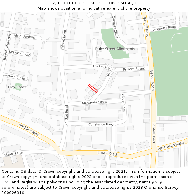 7, THICKET CRESCENT, SUTTON, SM1 4QB: Location map and indicative extent of plot