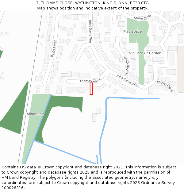 7, THOMAS CLOSE, WATLINGTON, KING'S LYNN, PE33 0TG: Location map and indicative extent of plot