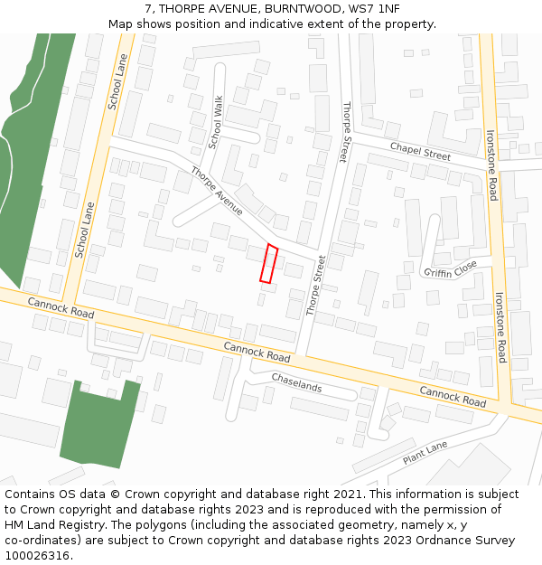 7, THORPE AVENUE, BURNTWOOD, WS7 1NF: Location map and indicative extent of plot