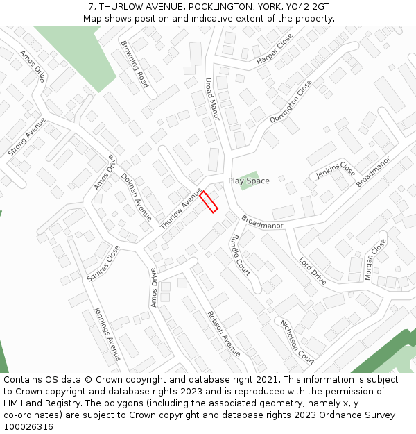 7, THURLOW AVENUE, POCKLINGTON, YORK, YO42 2GT: Location map and indicative extent of plot