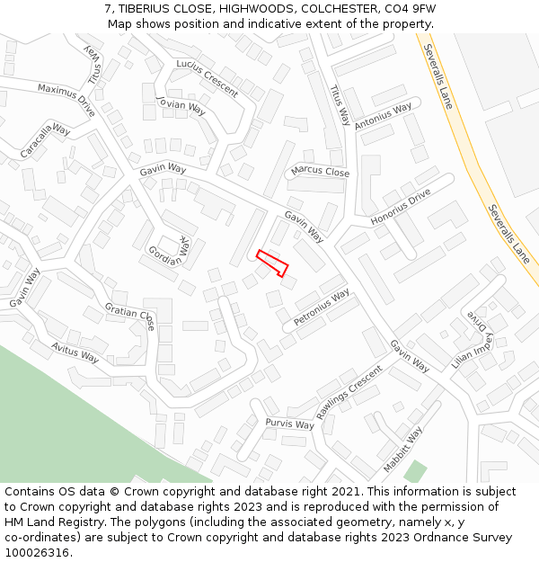 7, TIBERIUS CLOSE, HIGHWOODS, COLCHESTER, CO4 9FW: Location map and indicative extent of plot