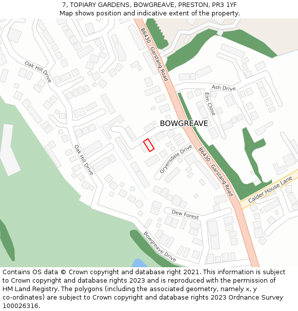 7, TOPIARY GARDENS, BOWGREAVE, PRESTON, PR3 1YF: Location map and indicative extent of plot
