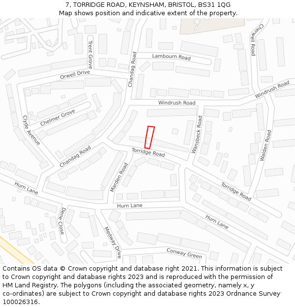 7, TORRIDGE ROAD, KEYNSHAM, BRISTOL, BS31 1QG: Location map and indicative extent of plot