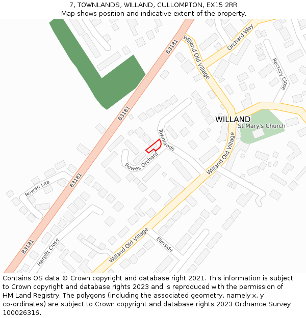 7, TOWNLANDS, WILLAND, CULLOMPTON, EX15 2RR: Location map and indicative extent of plot