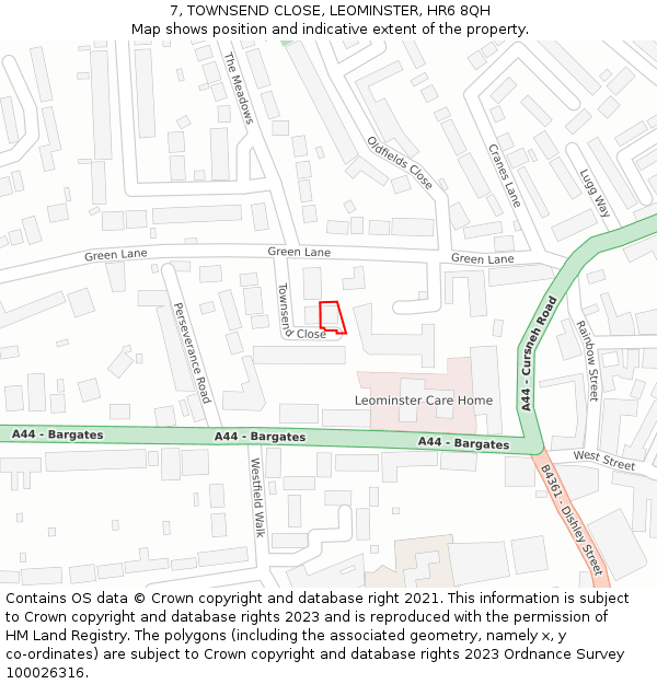 7, TOWNSEND CLOSE, LEOMINSTER, HR6 8QH: Location map and indicative extent of plot