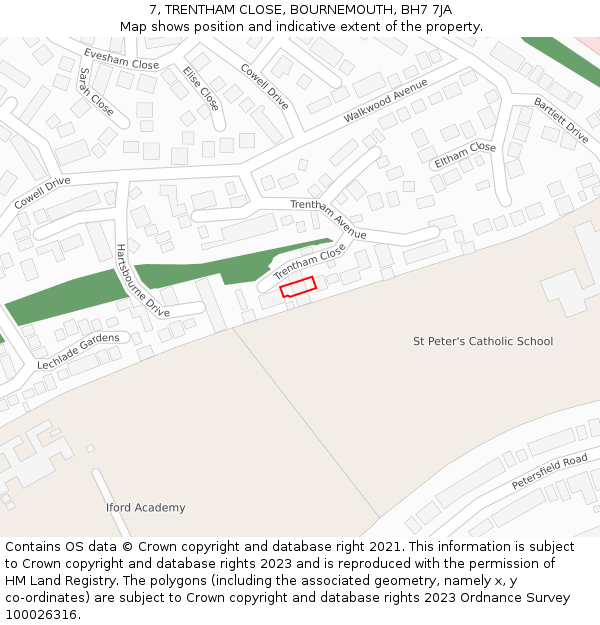 7, TRENTHAM CLOSE, BOURNEMOUTH, BH7 7JA: Location map and indicative extent of plot